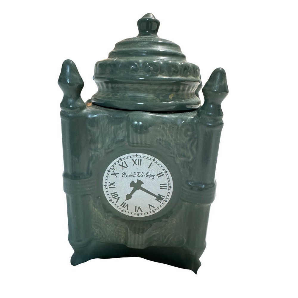 Vintage Marshall Field & Company Clock Ceramic Cookie Jar Forest Green Canister